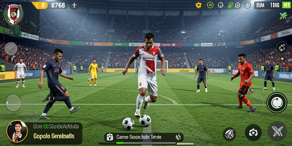 Screenshot gameplay 8768 menampilkan aksi seru di lapangan sepak bola.