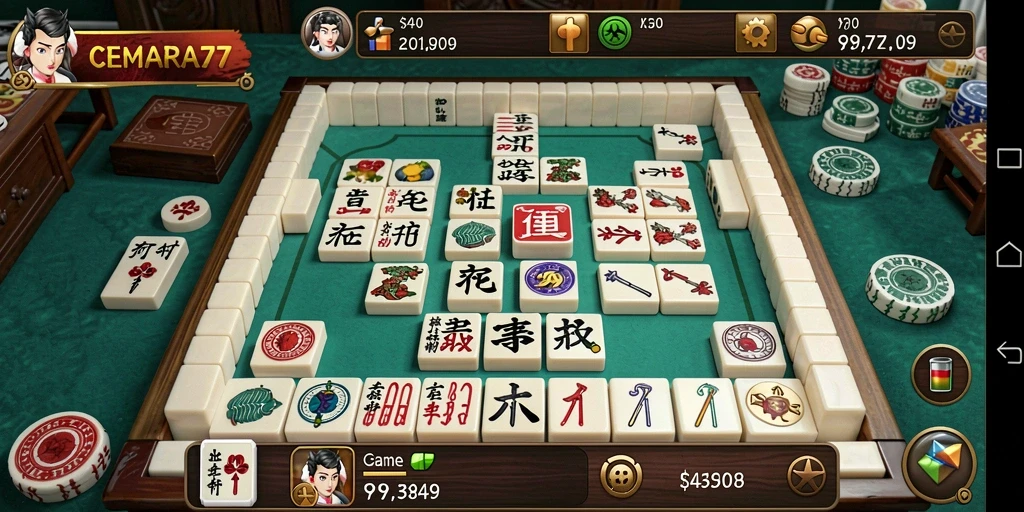 Screenshot utama CEMARA77 menampilkan gameplay Mahjong yang seru dan penuh tantangan.