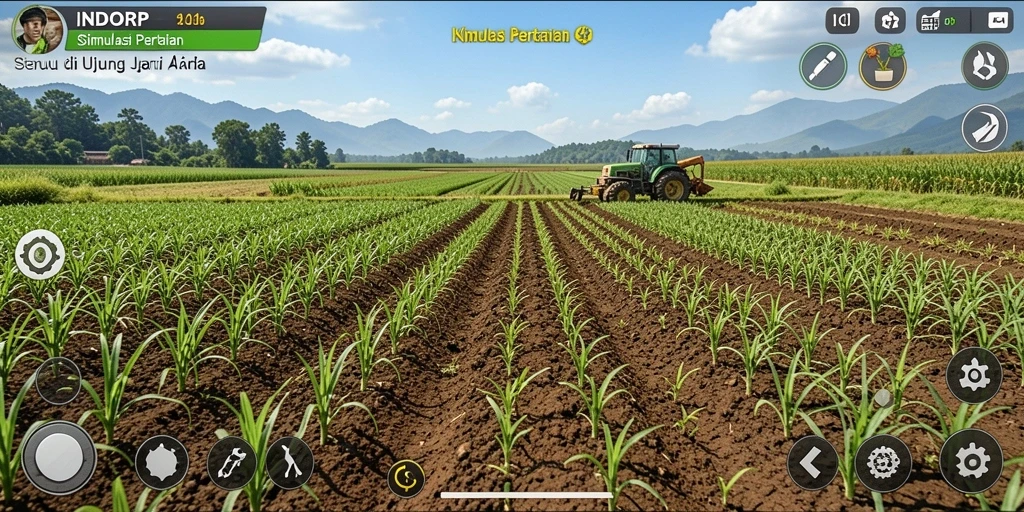 Tampilan menawan gameplay INDORP dengan kebun yang subur dan hewan ternak.