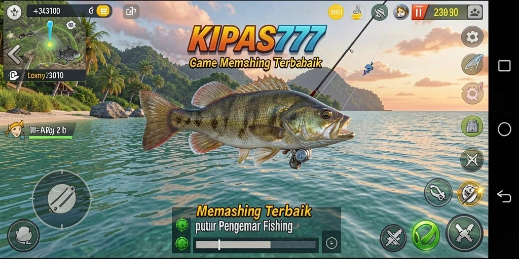 Tampilan screenshot KIPAS777 menampilkan pemain sedang menangkap ikan di lokasi indah.