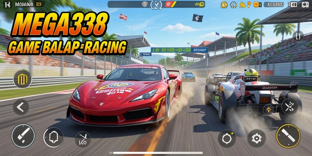 Gameplay seru MEGA338 saat balapan cepat di lintasan.