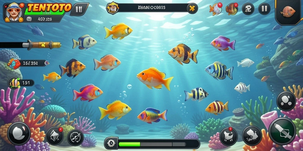 Screenshot gameplay TENTOTO yang menampilkan aksi menembak ikan.